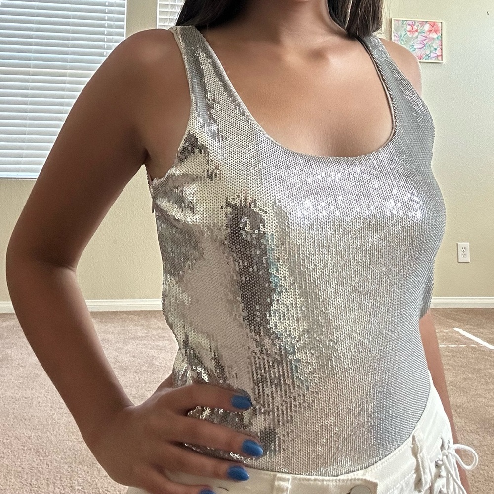 Express Silver Sequin Women's Bodysuit